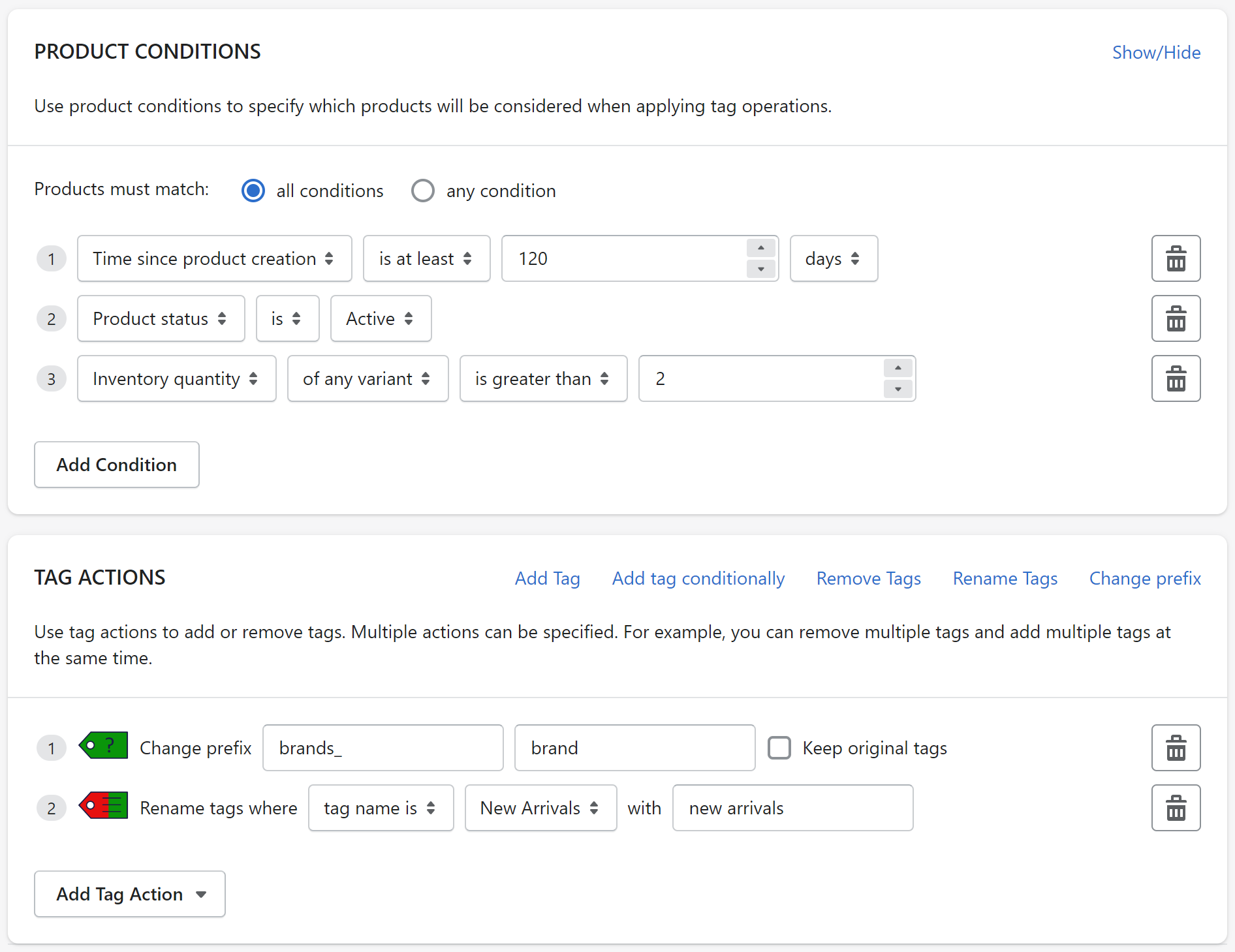 Custom bulk operations allow advanced filter conditions and tag actions